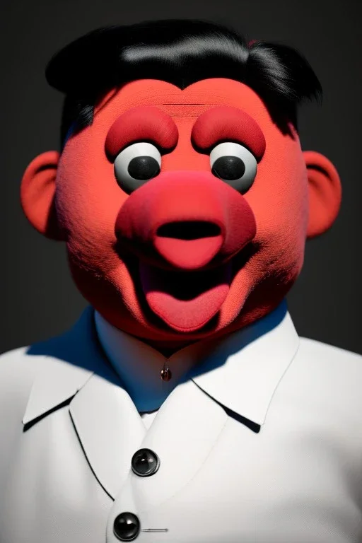 Waist up muppet Portrait, Kim Jong-un muppet doll, black suit, photo studio, red background, unreal engine 5, concept art, art station, ray tracing, lumen lighting, ultra detail, volumetric lighting, 3d.