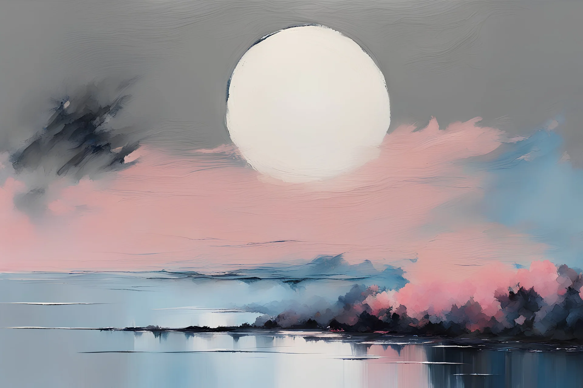 Grey, blue, and pink abstract landscape painting with planet, and lake, abstract impressionism paintings