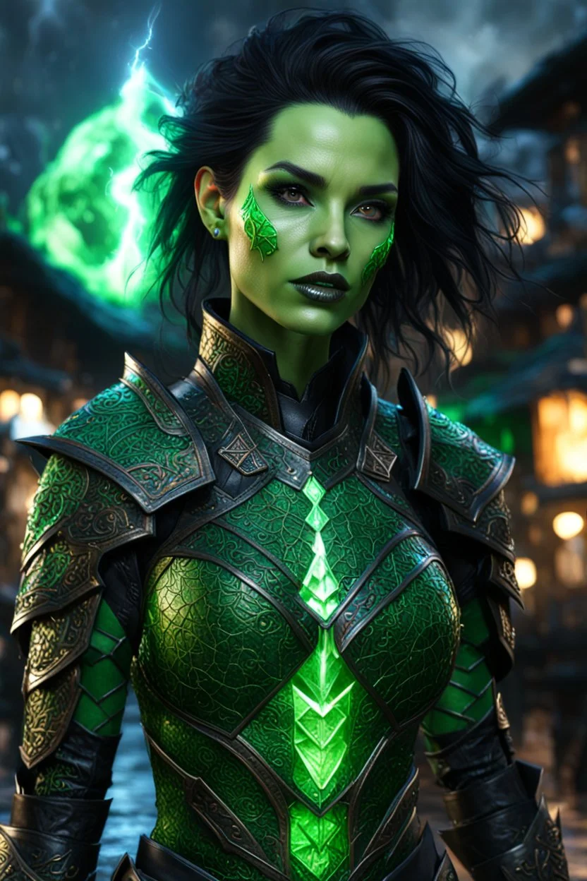 3.4 body shot, green skin,beautiful face, female gorgeous green skinnrf orc, 2 fang visible on mouth, thin, lightning crackle crested around her armor as symbols,dark hair, detailed glowing ornamental magical pattern armor, glowing gem crackling with lightning implanted on leather armor, 8k, high detail, market background, midnight, facing viewer, front facing