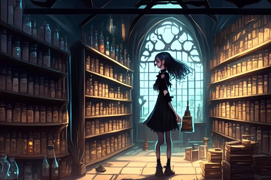 full-height shot of a young witch in a tight black short skirt, inside a large magic shop, shelving, bottles, windows