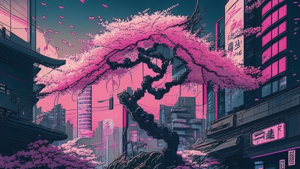 Japanese cherry blossom, in cyberpunk city, comic style,