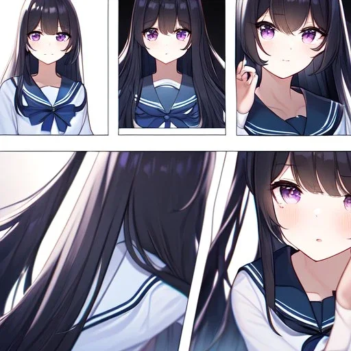 Clear focus,High resolution, Black long fluffy hair, long bangs, and purple eyes, wearing a sailor uniform, Full body, Medium Close up, High quality comic