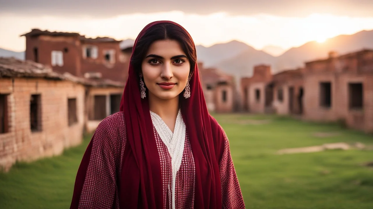 A photographic middle shot of a beautiful a young Pakistani pashto woman (age 25 with beautiful black hair and pretty eyes) in a beautiful traditional maroon & white checkered dress with white dupatta happily standing outside beautiful village houses made bricks with long grass and mountains behind her at beautiful cloudy sunset with sun-rays on her face showing cinematic And dramatic ambiance.