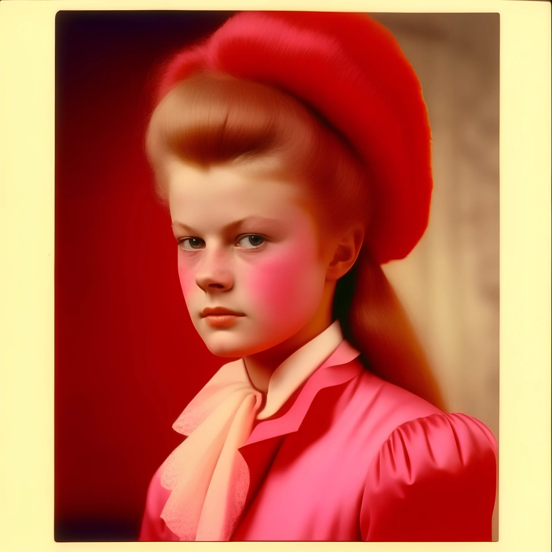 Young Marie-Antoinette in pink and red, heavy haircut, polaroid 1970s