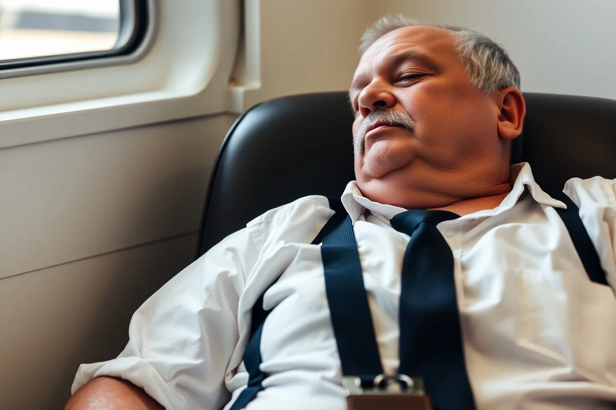 Cree l image d un agent de sécurité proche de la retraite. Il porte des bretelles. Il a une chemise blanche. Il a une petite moustache. Il dort sur une chaise.