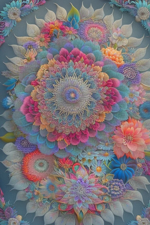 psychedelic mandala made out of flowers, feathers, ultra detailed, photorealistic, vivid colours, intricate details, in the style of Elspeth McLean, 32k