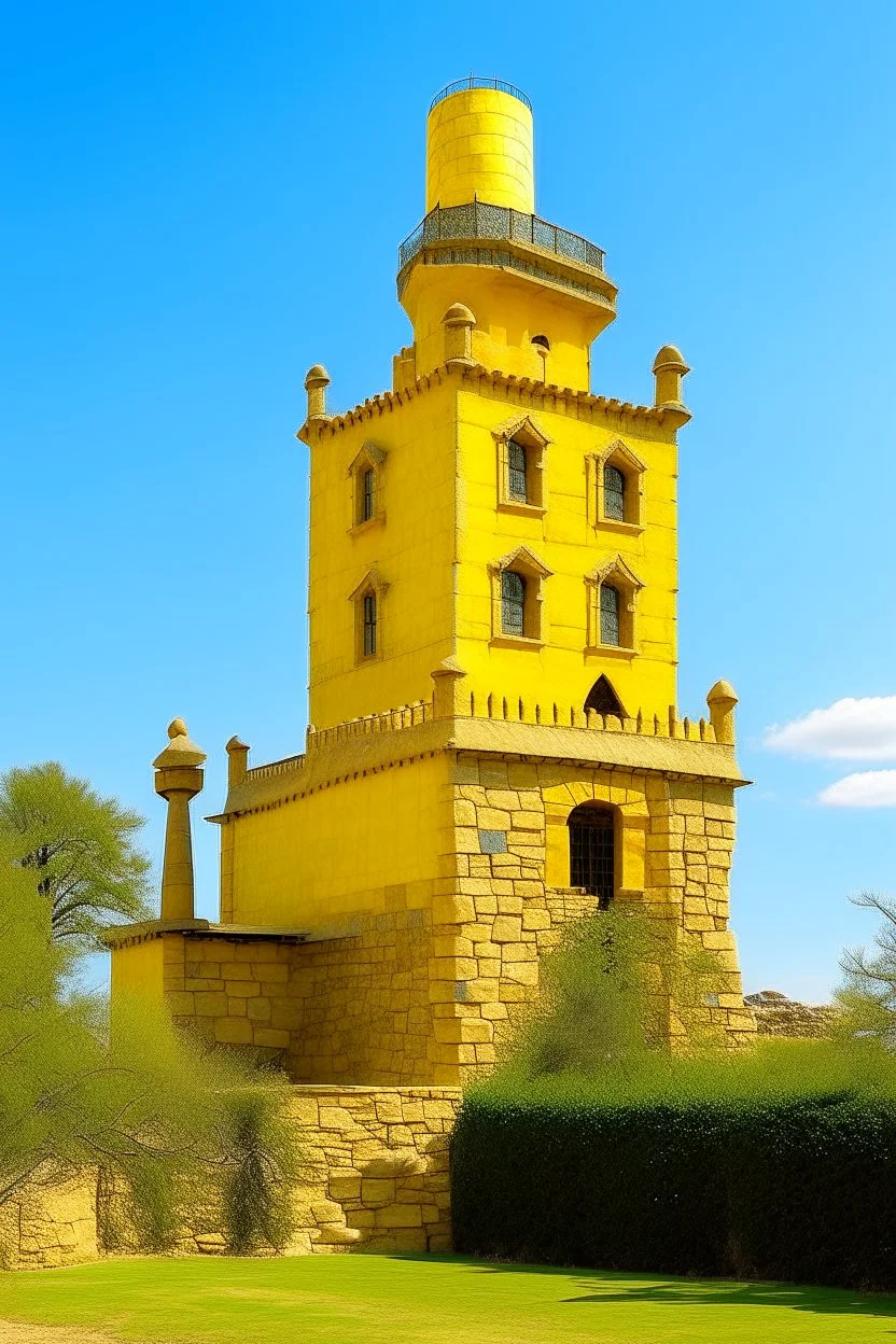 A yellow castle with a sun tower designed in Ica stones painted by Mark Rothko