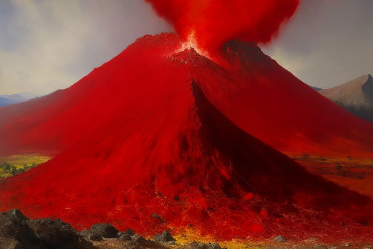 A red volcano with brimstone crystals painted by Claude Monet