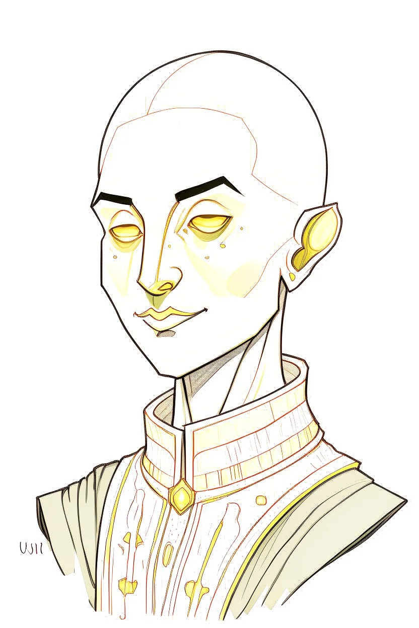 full colour drawing, portrait, 22-year old friendly slender female human cleric, shaved head, blonde eyebrows