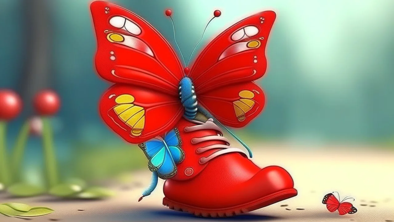 cute little butterfly is wearing red boots on his feet