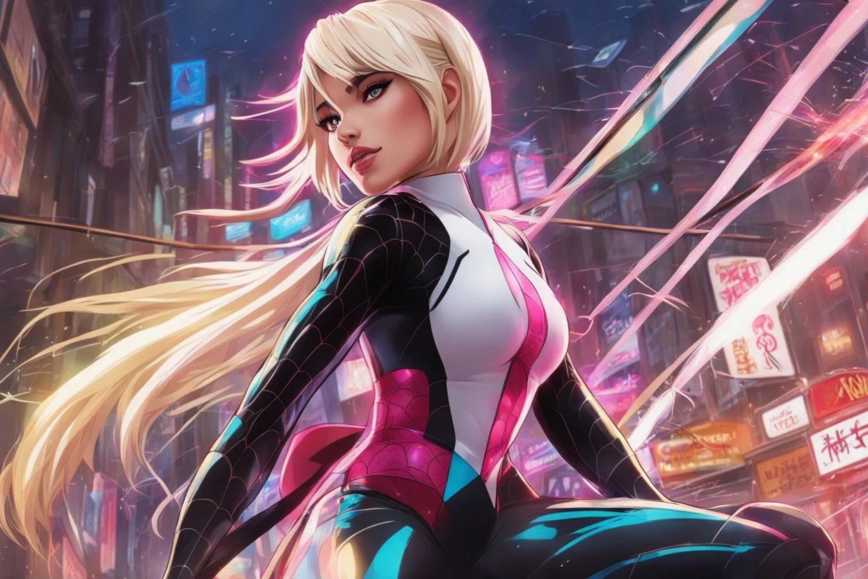 Spidergwen in 8k Hayao Miyazaki draw style, yu gi oh them, neon effect, close picture, rain, highly detailed, high details, detailed portrait, masterpiece,ultra detailed, ultra quality