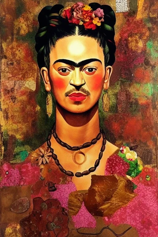 Frida Kahlo , an abstract painting of rusted metal and flowers, afro portrait, rust, scaffolding, iron cladding, decay, mixed media, textured, anatomically correct, beautiful perfect face, sharp focus, highly detailed