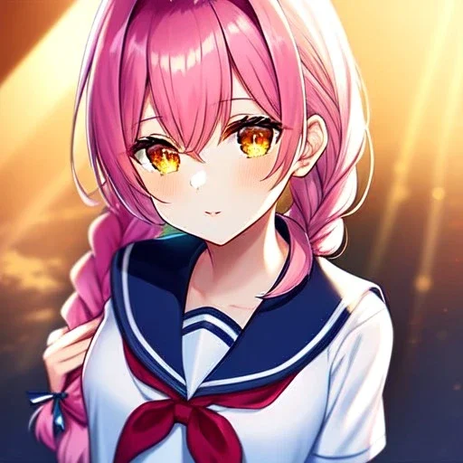 girl, masterpiece, best quality, volumetric lighting, detailed outfit, perfect eyes, pink hair, orange eyes, school outfit, braided ponytail,