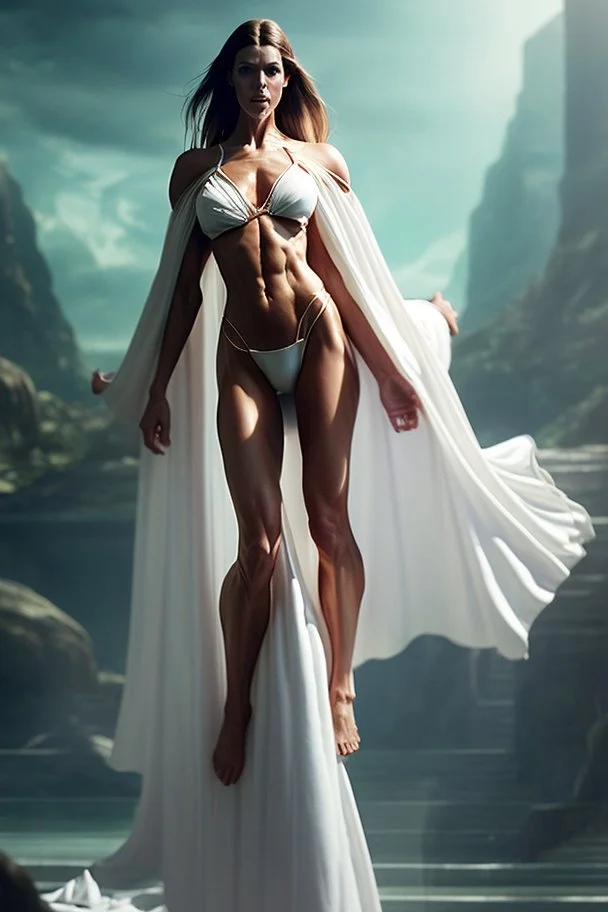 A hyper-realistic concept art of a full body fantasy tall woman ultra muscular a hard square face and brown hair wearing the white robe of greek senators white robe, full body, fantasy woman, tall, ultra muscular, hard square face, brown hair, greek senator white robe, by Chris Rallis, in the style of fantasy realistic art, cinematic and dramatic lighting, fantasy character drawings, realistic drawings, digital art, Highly Intricate Details, high quality