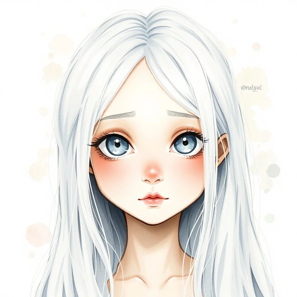 A young woman with long white hair, white eyebrows, light grey eyes, long eyelashes, very pale, ((very shy)), watercolor splotchy background, soft brushstrokes, intricately detailed, round face, cute