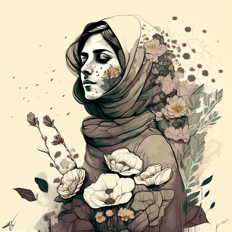 woman, life, freedom, Iran hand-drawn digital art, muted tones, flowers everywhere, REALISTIC