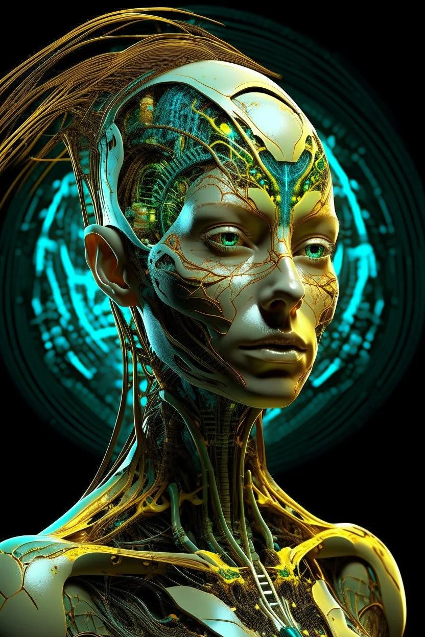 Create a surreal, futuristic portrait of a humanoid woman organic hair figure with a bright, skin surface. The figure’s head and upper body are partially disintegrated, revealing intricate, glowing, organic structures beneath the surface. The inner structures are illuminated with teal and golden hues, resembling bioluminescent veins or energy cores. The figure is in a contemplative pose, with one hand gently touching its chin. The background is minimal and abstract, allowing the focus to remain