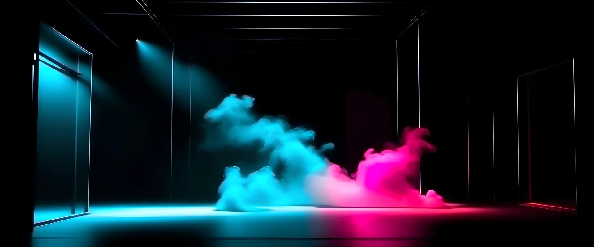 Background of an empty room with smoke and neon light. Dark abstract background