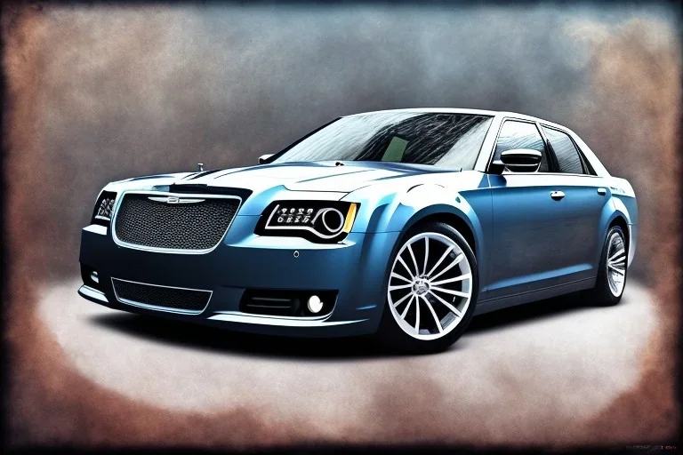 a true-to-life 2012 Chrysler 300 SRT8, classic wheels, twin-color finishing, centered, intricate, extreme detailed, photorealism, center view, stylized random background, pivot on chrysler, pen and color marker painting by cheryl kelley