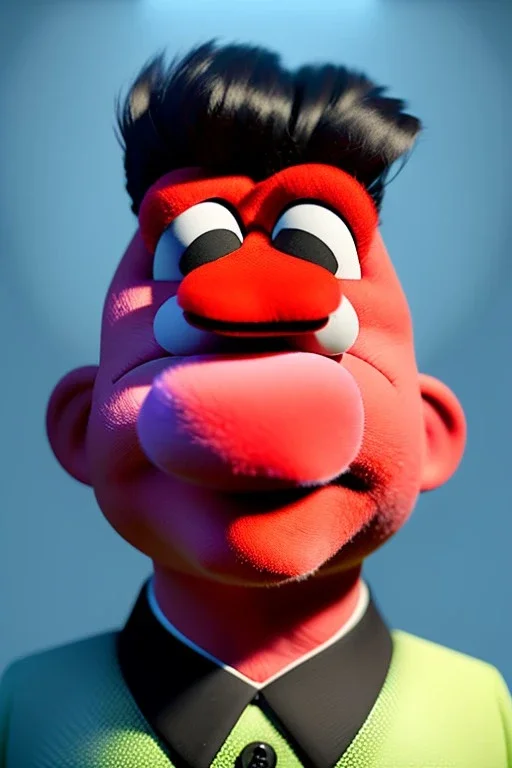 Waist up muppet Portrait, Kim Jong-un muppet doll, black suit, photo studio, red background, unreal engine 5, concept art, art station, god lights, ray tracing, RTX, lumen lighting, ultra detail, volumetric lighting, 3d.