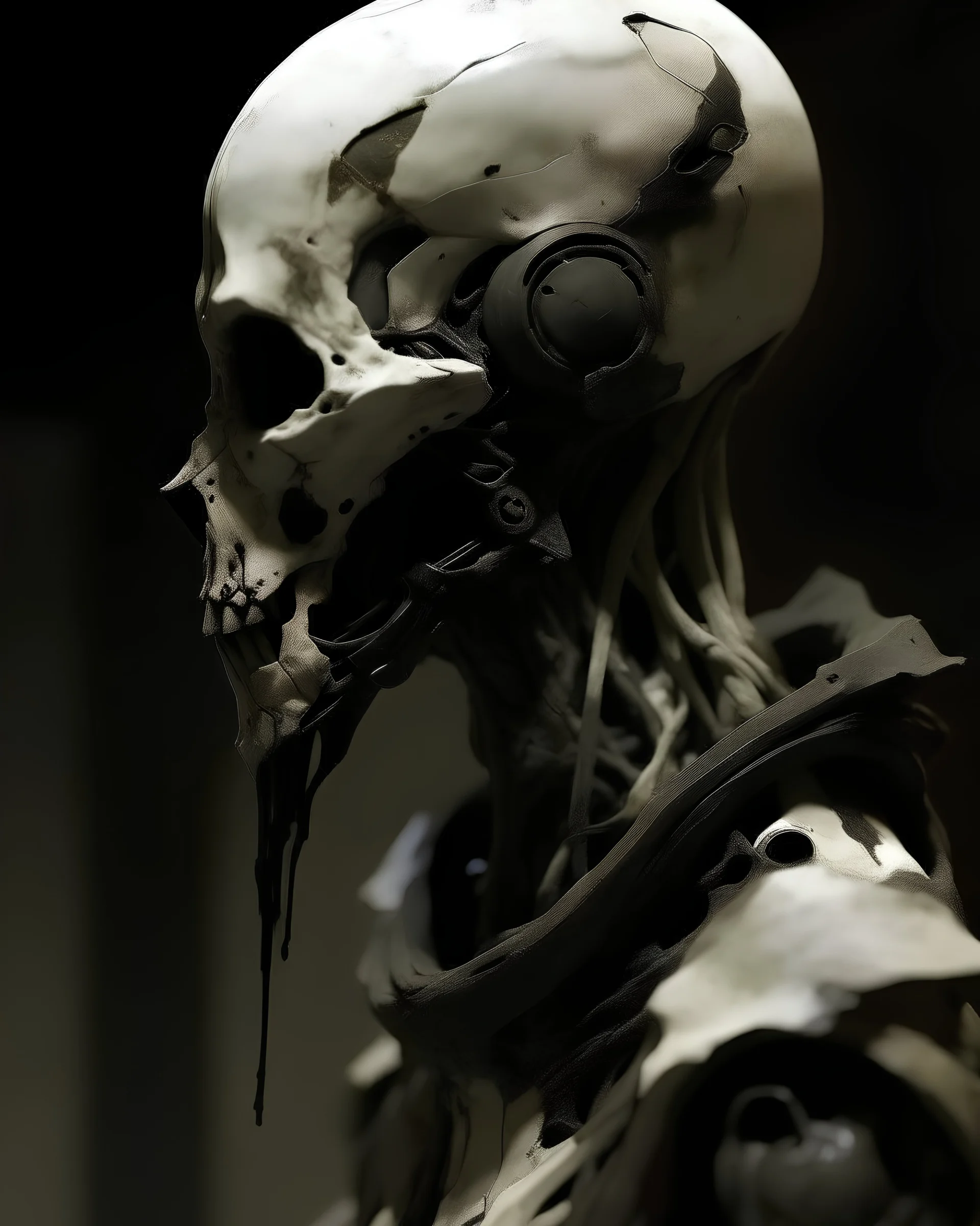 by eric lacombe - by ashley wood, figurine, matt black, metalic, reflection, ultra lignting, darkness, high tech, kitbash, witchcore, white and beige color palette, depth of field on background