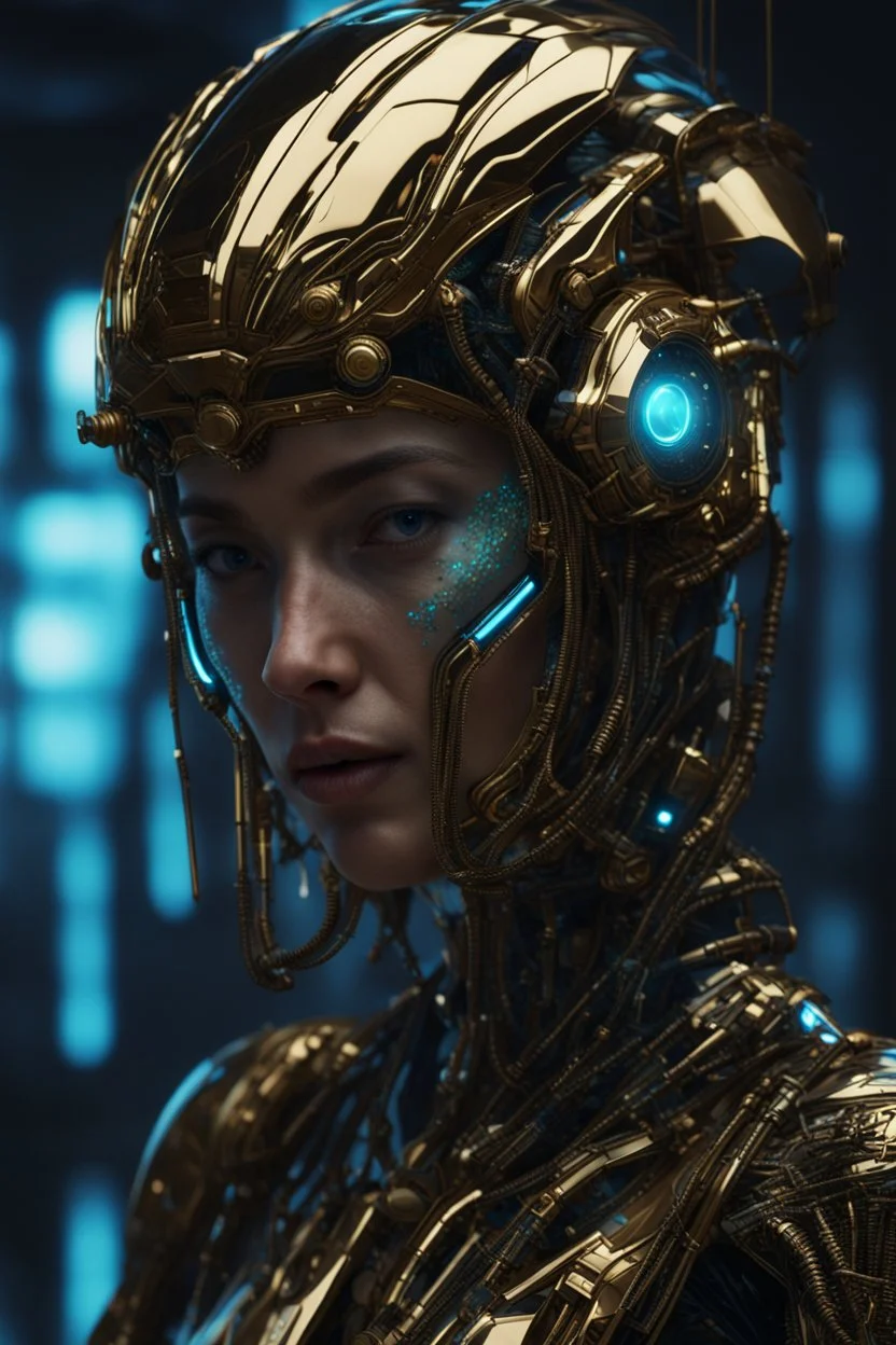 woman wearing a cyberpunk style shiny and slimy gold helmet with robotic features, the reflection on her face is made of glowing blue wires with intricate details, hyper realistic photography in the style of editorial pose, photorealistic, 8k, high render --v 6. 0 --ar 9:16