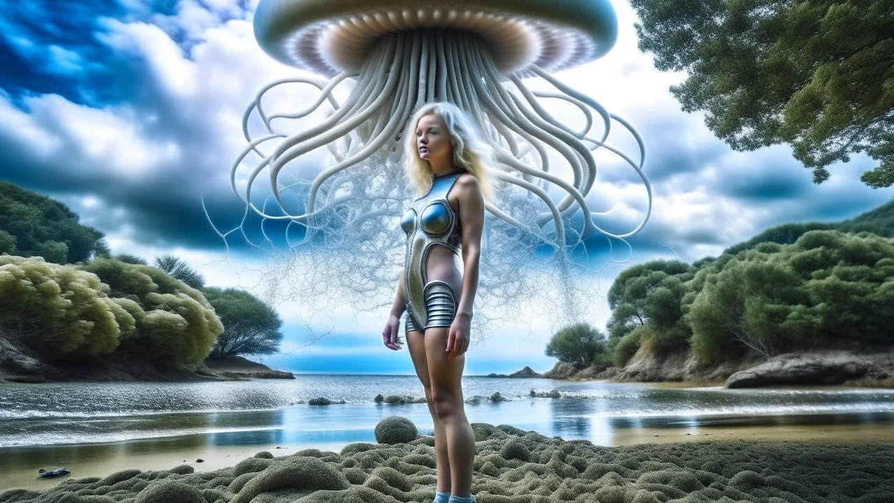 Wide-angle shot of a woman, standing to one side, with blond hair in a silver robotic catsuit, standing on a beach, gigantic flying mushrooms with jellyfish tentacles floating above her, with tall, narrow alien trees in the background