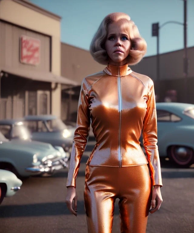 Ultra Realistic retro sci-fi movie Supermarket parking scare people scene, 1960 year, waist up view portrait, 2 clones blonde women, sweet teenager Jane Fonda face, perfect iris, glow eyes, face makeup, tight latex coat, Retro sci-fi style, soft color, highly detailed, unreal engine 5, ray tracing, RTX, lumen lighting, ultra detail, volumetric lighting, 3d, finely drawn, high definition, high resolution.