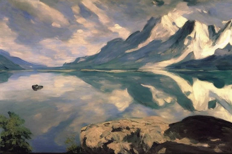 clouds, mountains, lake, lake reflections, rocks, edouard manet and frederic bazille painting