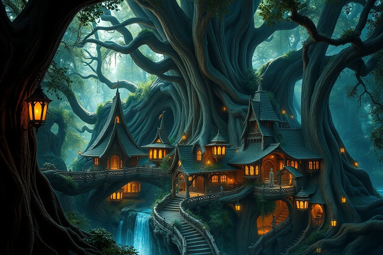 Ultra realistic photo of an elven village hidden inside giant ancient trees, elegant organic architecture, glowing lanterns, crystal bridges, magical forest environment, enchanting atmosphere, practical fantasy design, realistic materials, cinematic lighting, volumetric rays, HOF, full size, (((realism, realphoto, professional DSLR photography, photorealistic, ultra detailed, 64k)))