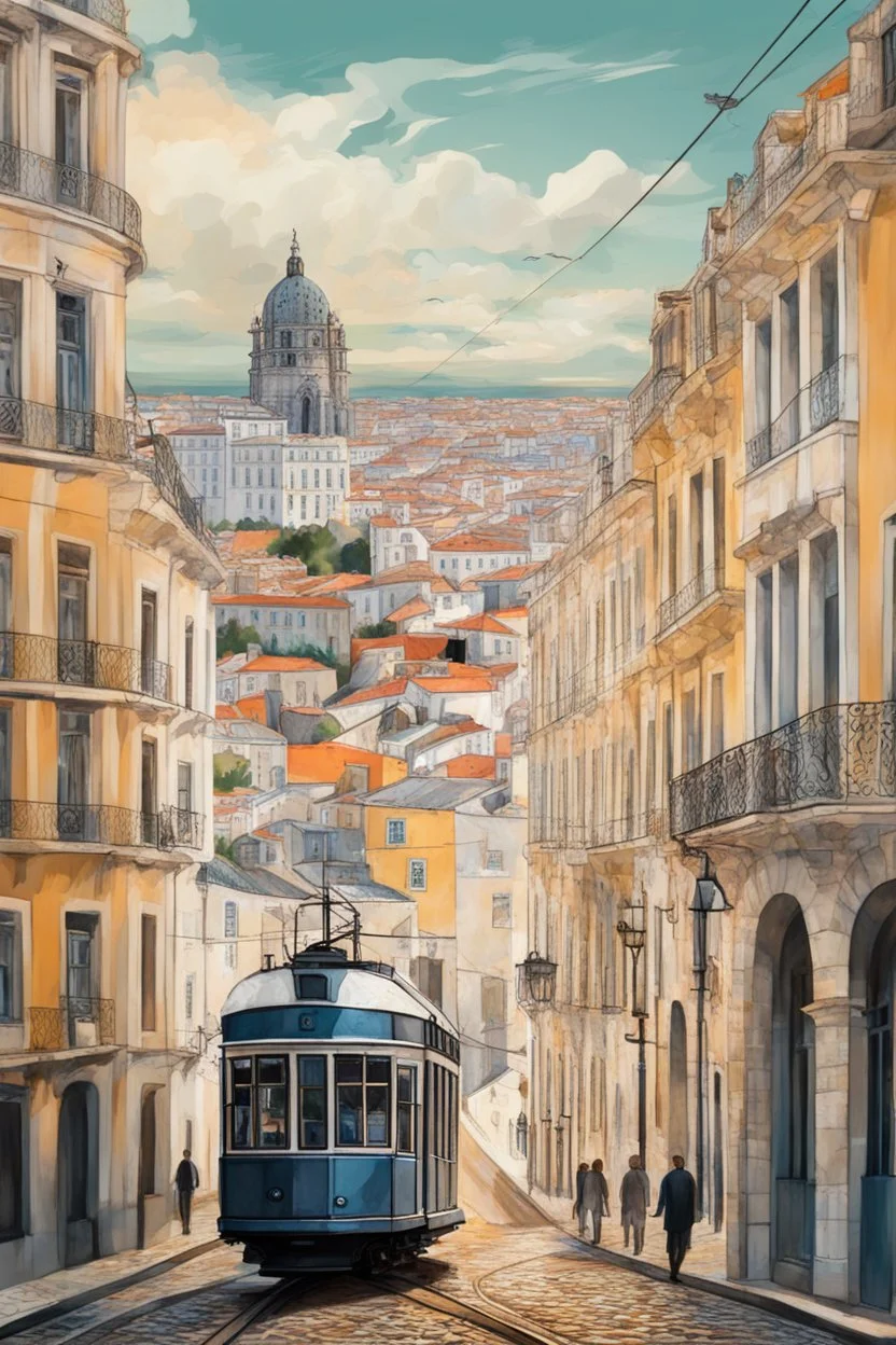 lisbon city view with famous tram, surrealism style