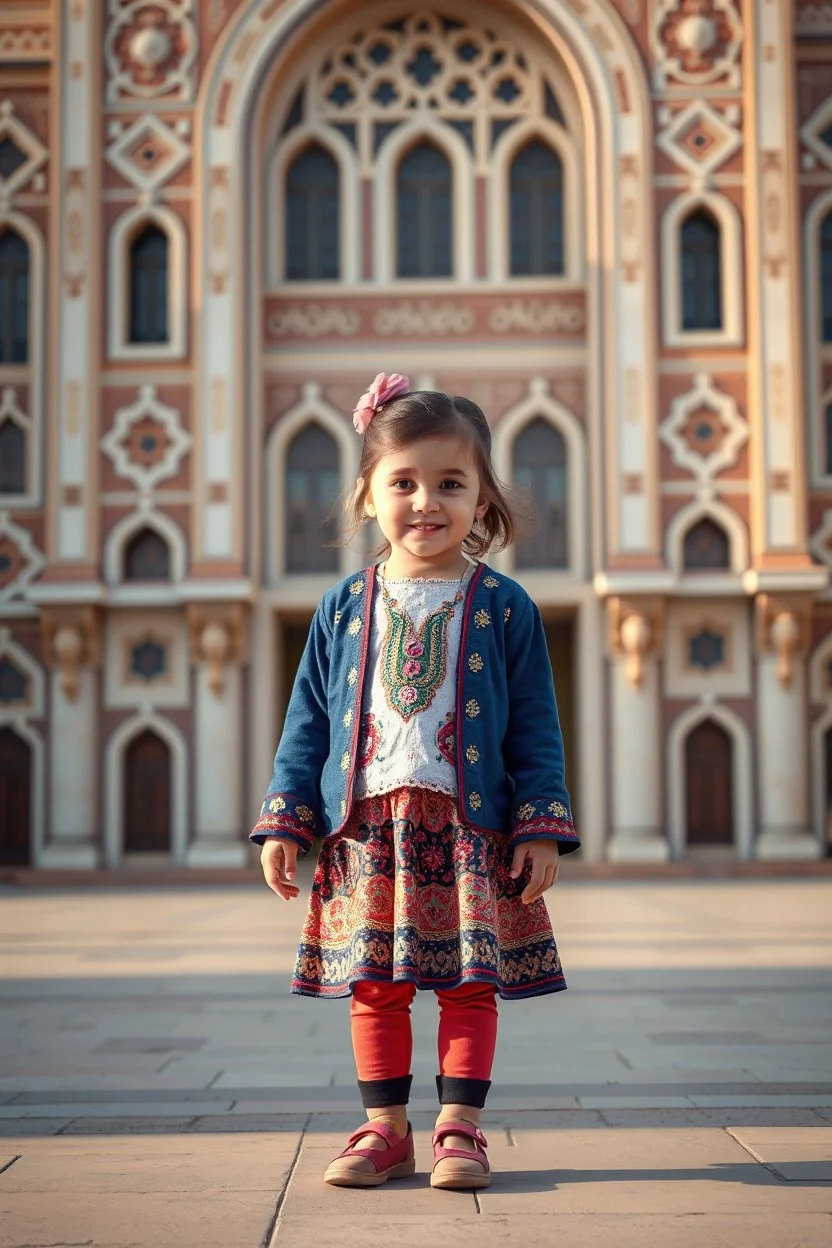 a little girl that is standing in front of a building, a picture, arabesque, !8k!, kazakh, insanely cute, amazing cgi, kurdistan, adorable outfit, a still of a happy, so cute
