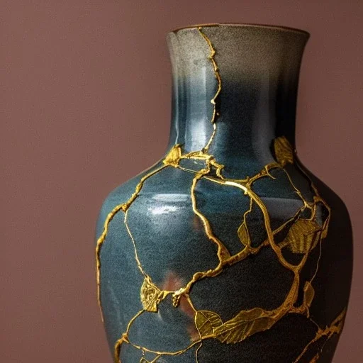 photo of a cracked ceramic vase repaired with gold, kintsugi, beautiful, vines and leaves, rosebuds, delicate, cinematic, high detail, beautiful composition, delicate arrangement, aesthetic, soft lighting, award winning photography, tender