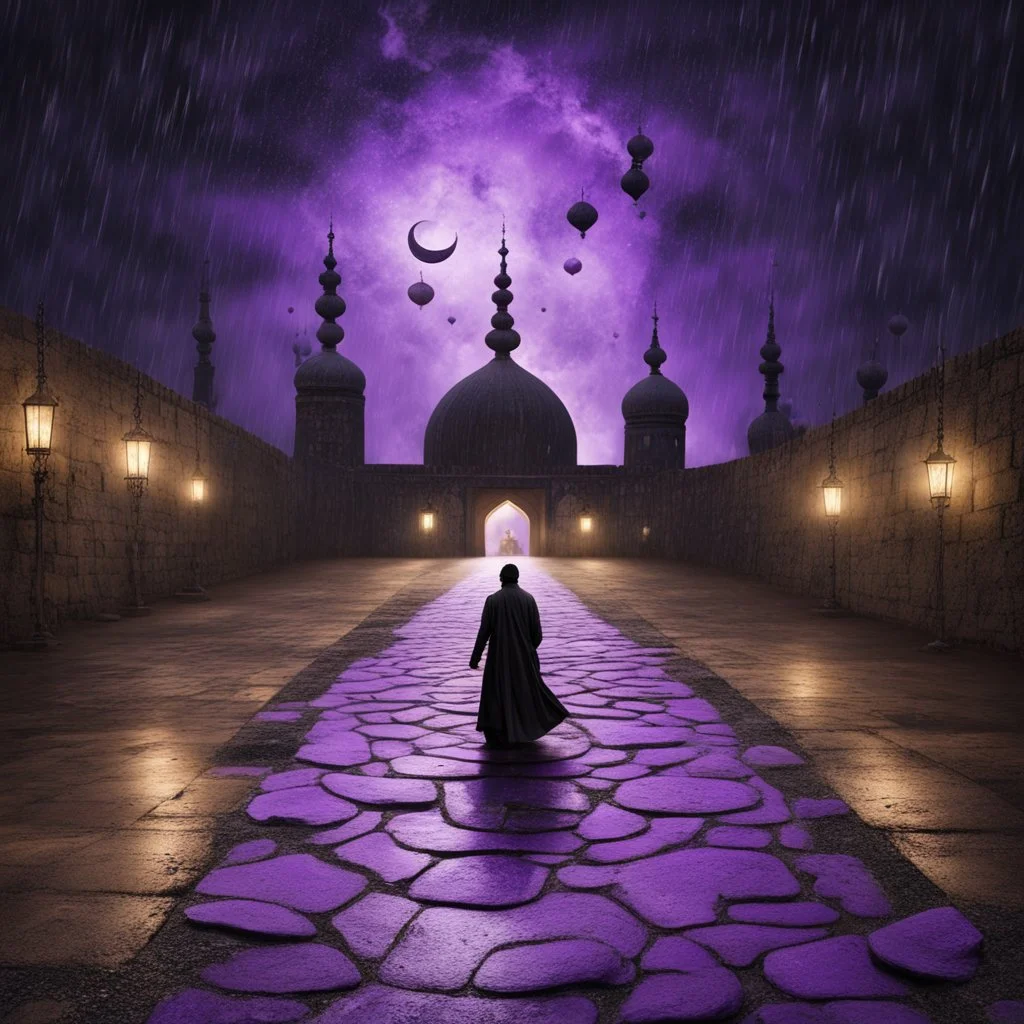 Hyper Realistic Sufi Whirling with Black, & Purple Islamic Sufi Rustic Grungy Stone-Path at rainy night