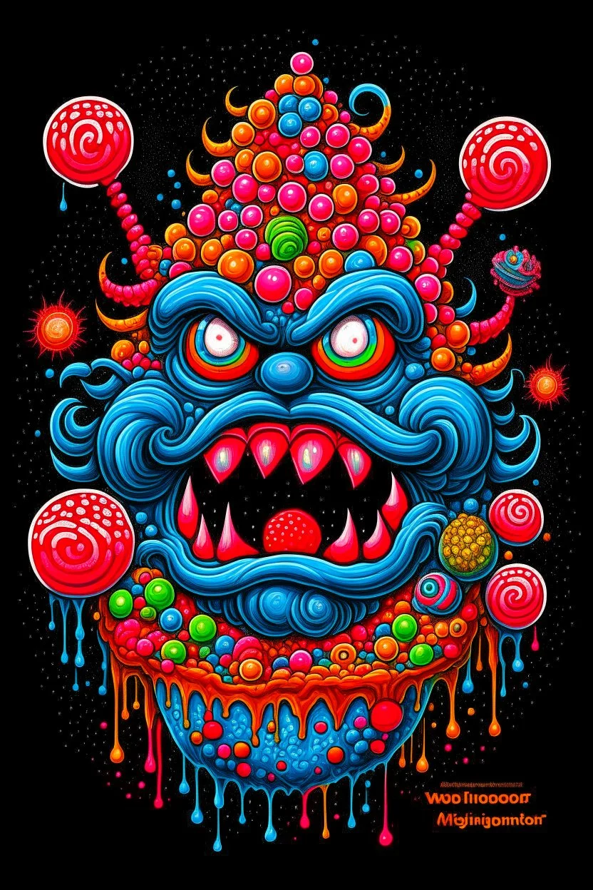 Monster made of ice cream, candy, gum drops, sprinkles tattoo design, traditional tattoo style, t-shirt design, fantasy art, digital painting, clean dark background, 8K by R. crumb, Todd Schorr, Robert Williams, Alex Alemany