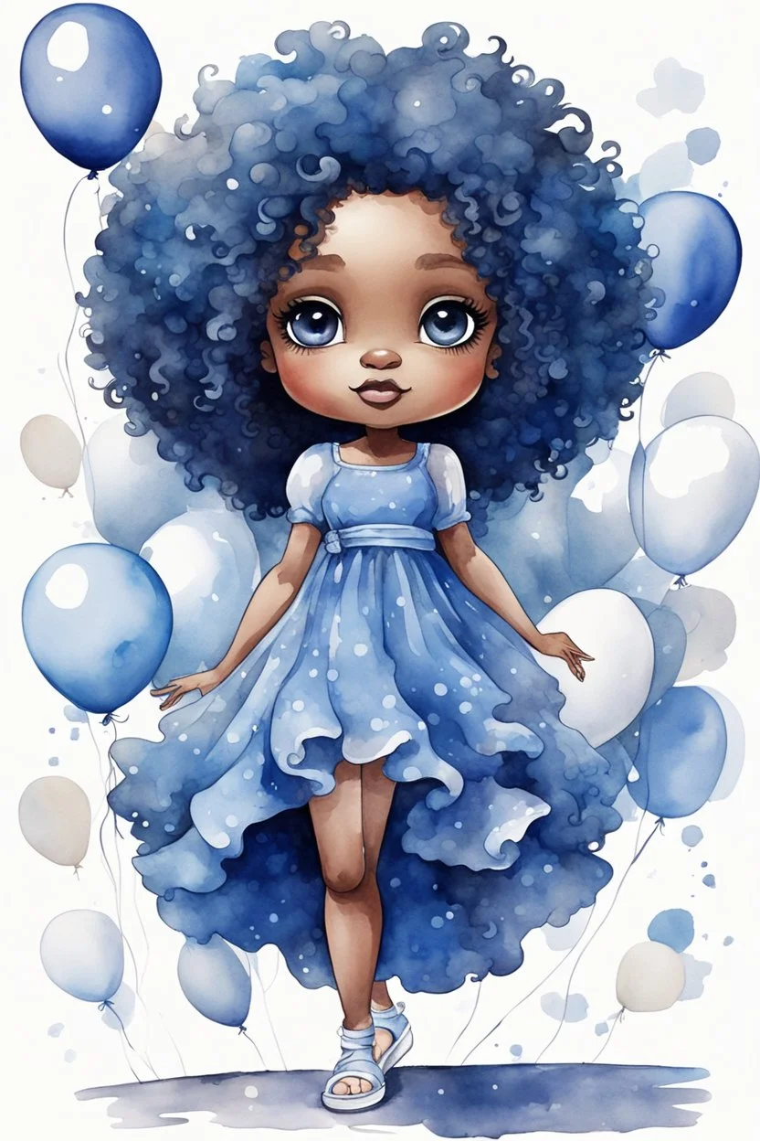 A watercolor fairytale style of a chibi cartoon wearing a blue maxi dress and white sandals. Prominent make up with hazel eyes. Highly detailed tight curl afro. Background of white and blue ballons everywhere.