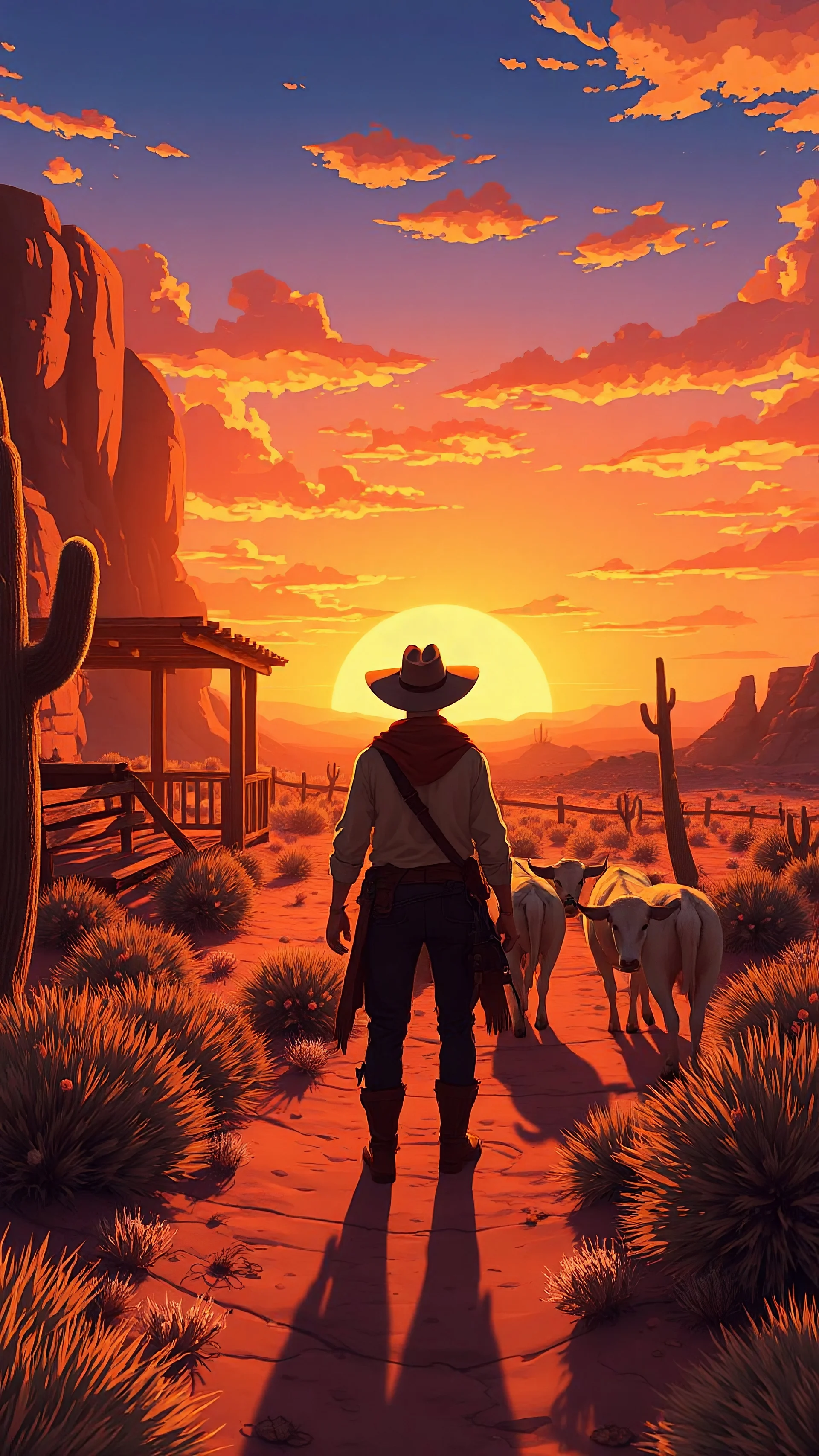 anime style, sunset, desert garden, a cowboy with cows on his bourse , cinematic view