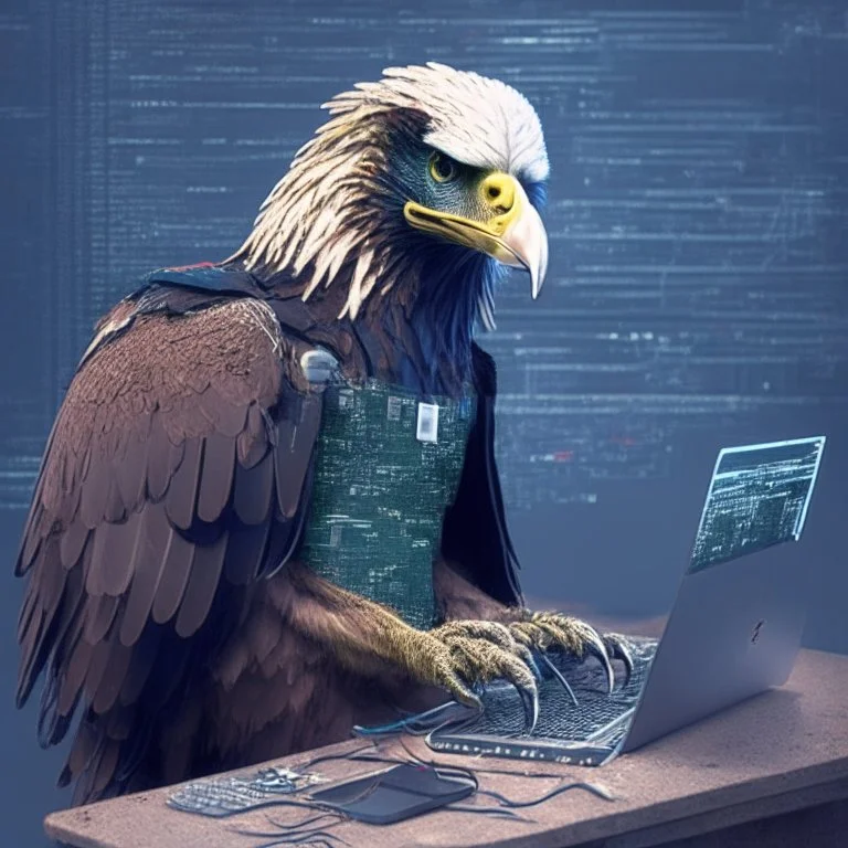 An eagle as a hacker using the computer