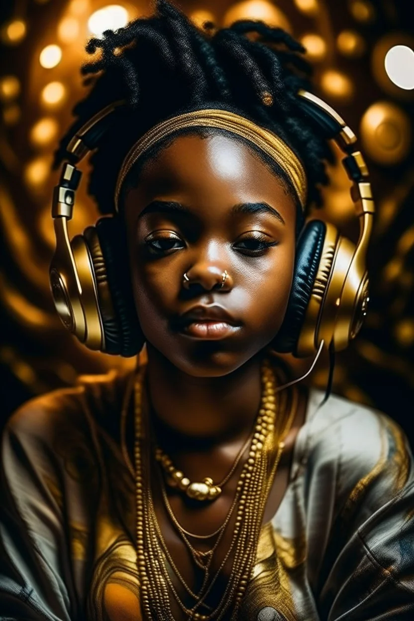 earthy black young woman listening to music with small old school headphones, soul, peace, majestic, earthy colours, at peace, happy, incense, jewels, bands, natural, old school headphones, blasian eyes, incense, very dark skin, crystals, gold arm bands, lots