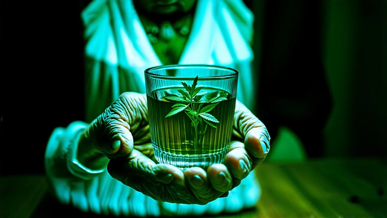 close up photo from an old woman's wrinkled hands holds one brown herb water in vintage water glass with , thriller, sinister , old witch interior, dark mood, perfect photo