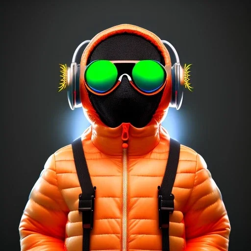 Bird toddler, smile, cyberpunk headphone, sunglass, gangsta neckless, full body, orange puffer jacket, tokio background, dramatic lighting, hyper realistic, unreal engine 5, 16k