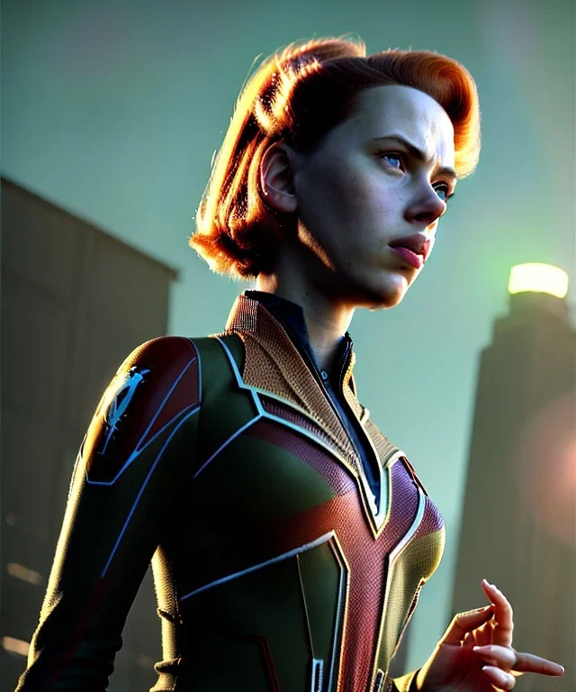 retro sci-fi portrait image from 1960, supermarket parking explosion, fire, classic black widow, young Scarlett Johansson, tight latex suit, superhero marvel, soft color, highly detailed, unreal engine 5, ray tracing, RTX, lumen lighting, ultra detail, volumetric lighting, 3d, finely drawn, high definition, high resolution.