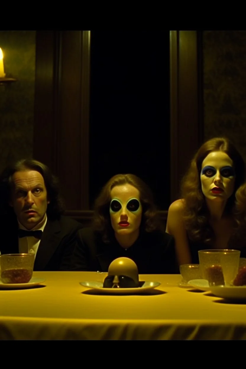 Spooky, ultra realistic distress, dining, ultra realistic hot woman, nose, giant eye on a table, organic hot bondes, bredst, dynamic, anguish, Stanley Kubrik Eyes wide shut, excited and lively scene, hypermaximalist figures, Creepy the Ring Alfred Hitchcock, Sam Raimi, insanely detailed, sinister, John Carpenter, Dario Argento, ornate