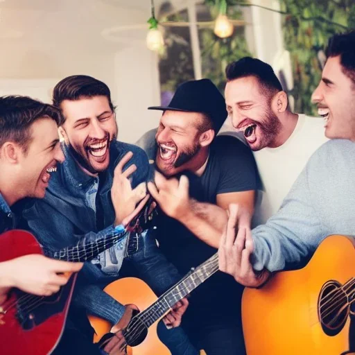 a group of male friends laughing and smiling at a party while playing guitars