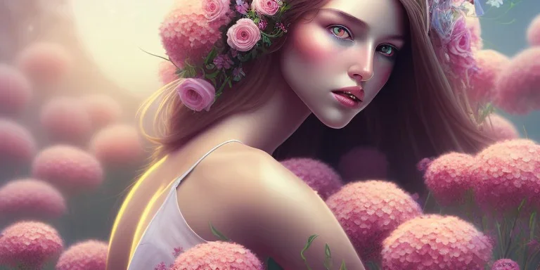 girl buried in flowers, beautiful, magical