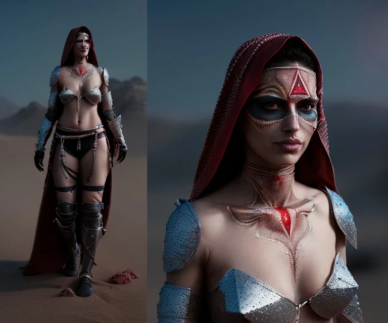 Animated, woman, Arabic face veil, facepaint, armor, choker, hands, gauntlets, x, sword, longsword, chainmail, red beads, desert, pyramid