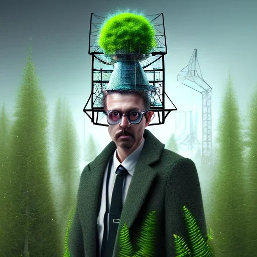 portrait of mad scientist in coat, metal mad hat ,cell towers overgrown with plants, autmn, mist, spotlights, spray paint art, book illustration, 4k, high detail