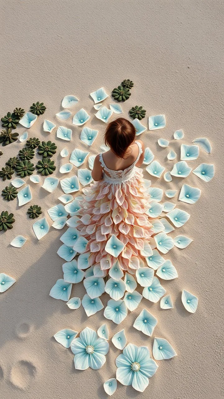 view from above,extending beach from above,girl in fantasy dress made of giant fractal nautical flower foam sea petals on sand,celadon, ultra-detailed from a bird's eye view,hd