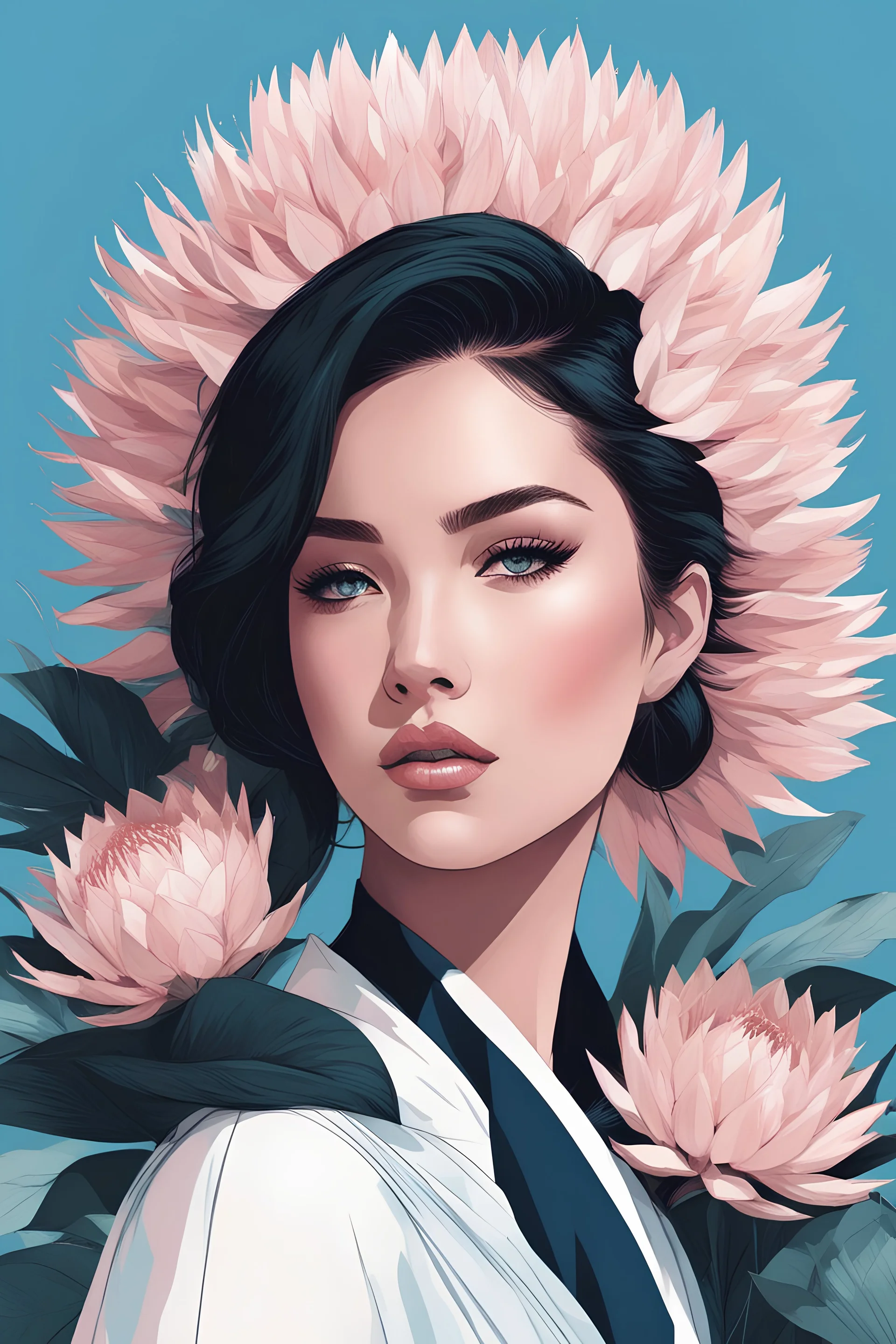 A minimalist portrait of a young woman, retro aesthetic, encircled by king protea blooms. flat shading. art by wlop, artgerm, and akihiko yoshida. limited color palette in shades of blue, pale pink and black.