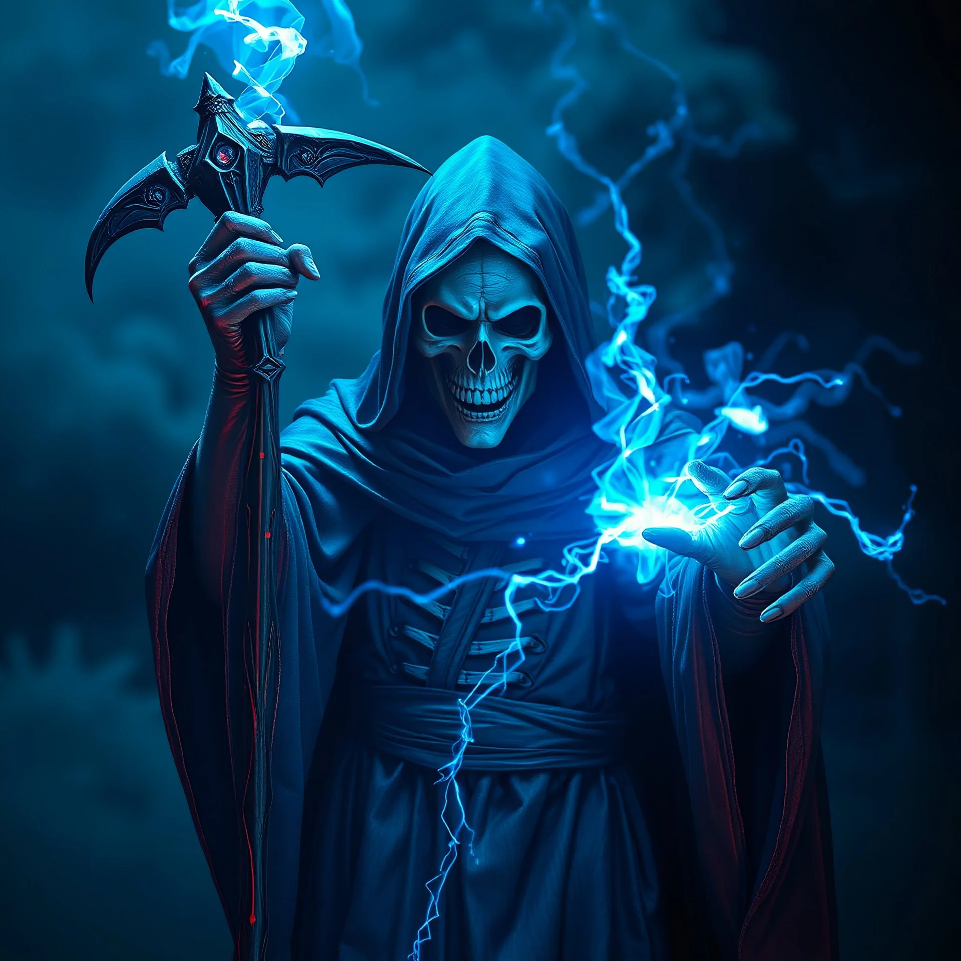 Grim Reaper, volumetric lighting, particales,highly detailed, deep colours,8k, blue, casting a lighting spell